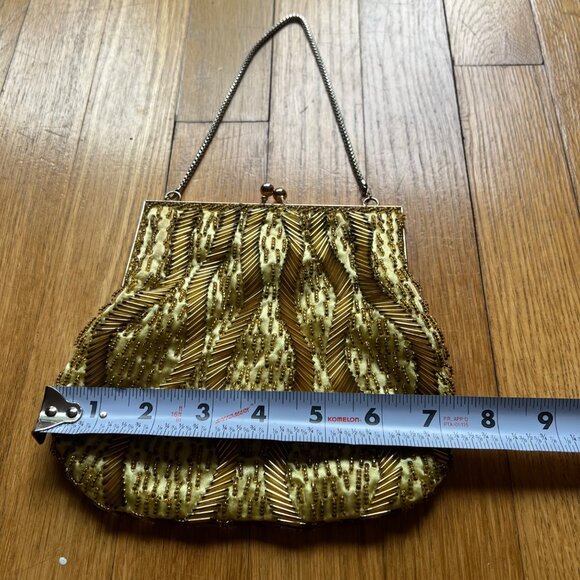 Vintage Gold Beaded Satin Evening Clutch Bag With Chain Strap Kiss Lock Closure - Picture 8 of 15